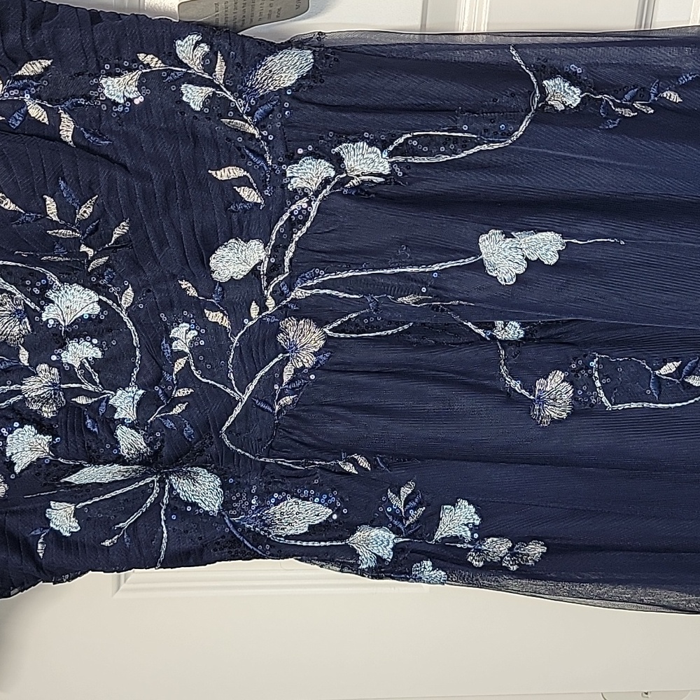 BETSY & ADAM NWT NAVY EMBROIDERED MESH A-LINE OVERLAY GOWN SIZE 12 - Picture 6 of 17